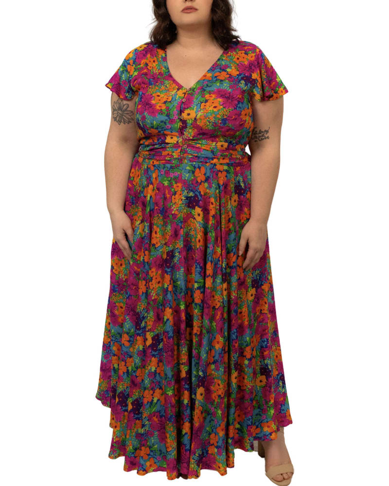 Front of a model wearing a size XL Josephine Maxi Dress Multi Colored Floral V-Front in Pink by ANNICK. | dia_product_style_image_id:290483